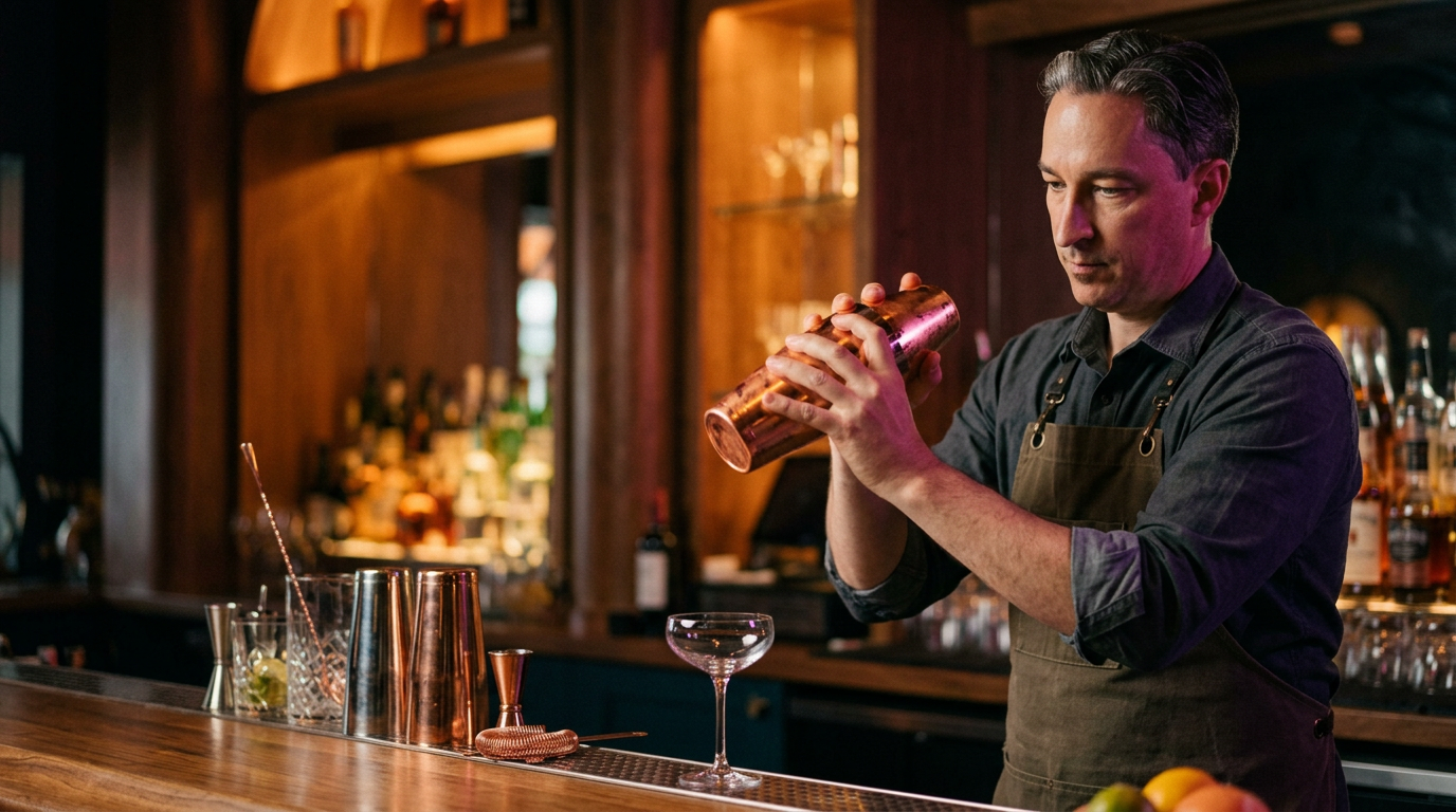 A bartender finishing a stirred cocktail behind a warmly lit back bar