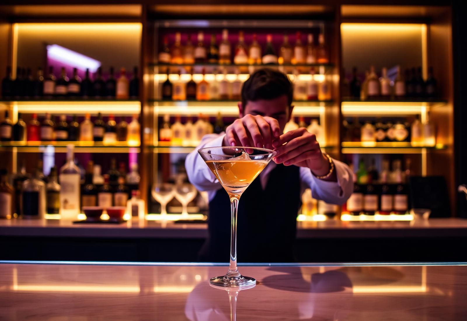 A bartender finishing a stirred cocktail behind a warmly lit back bar